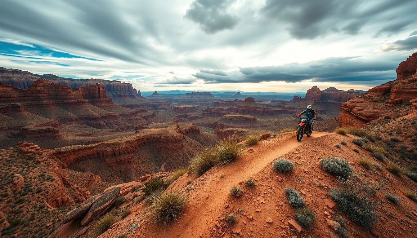 Epic Arizona desert dirt bike trail vista with a lone rider on a scenic ridge