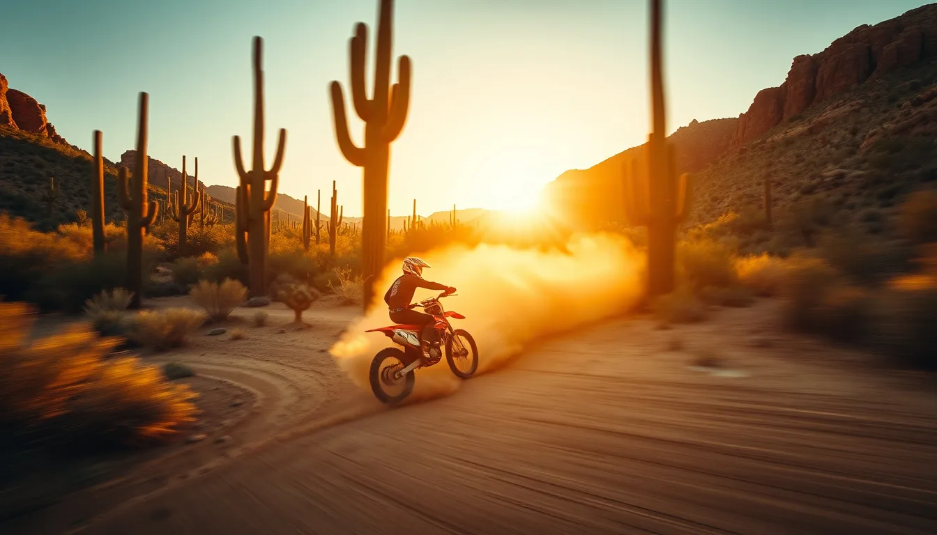 Dirt bike rider kicking up a rooster tail of dust on a Sonoran desert trail with saguaros and red mountains at golden hour in Arizona
