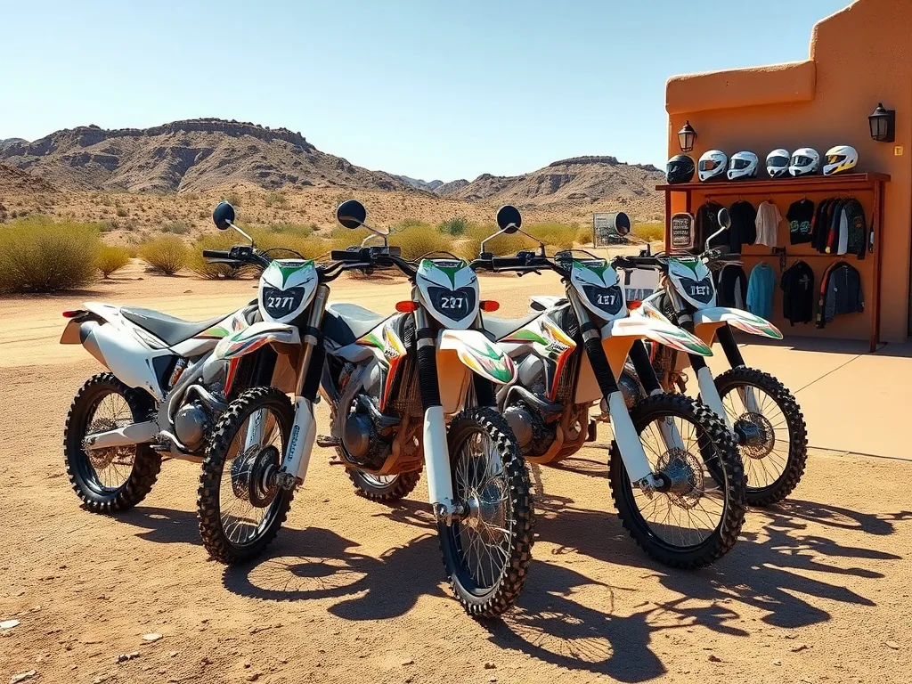 Row of clean modern dirt bikes ready for rental at an Arizona desert staging area